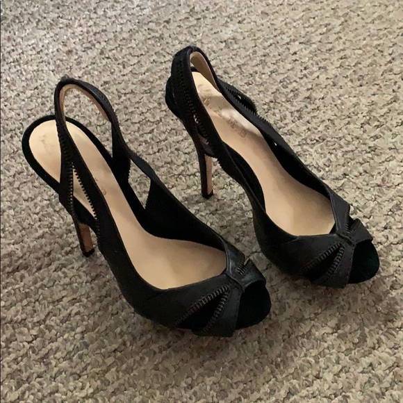 L.A.M.B. Black Zipper Slingback Open Toe Heels - Picture 8 of 13